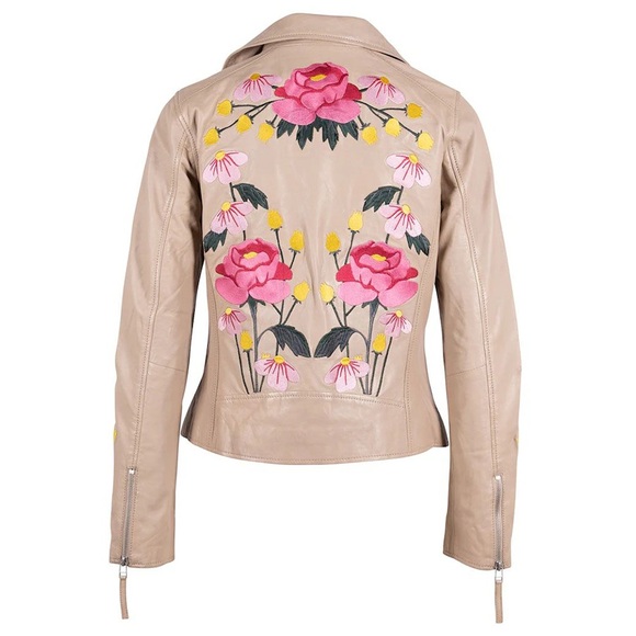 Mauritius Peonie Embroidered Leather Moto Jacket Size 9/10 - Picture 4 of 11